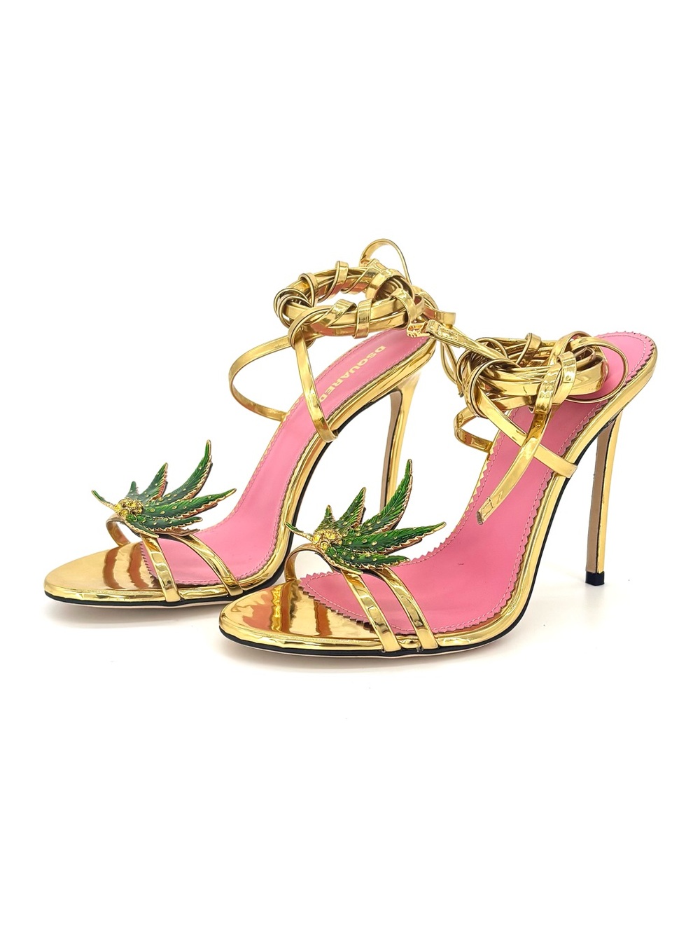 Dsquared2 Marija Gold Mirror Leather Ankle Wrap Leaf Sandals 37.5